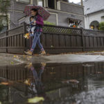 
              Allison Chan and son Ian Dimaano stroll past a puddle as rain falls in Alameda, Calif., on Sunday, Oct. 24, 2021. An atmospheric river storm, the strongest to hit the Bay Area in two years moved through the Bay Area on Sunday. (Anda Chu/Bay Area News Group via AP)
            