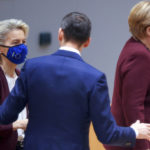 
              Poland's Prime Minister Mateusz Morawiecki, center, speaks with European Commission President Ursula von der Leyen, left, and German Chancellor Angela Merkel during a round table meeting at an EU summit in Brussels, Friday, Oct. 22, 2021. European Union leaders conclude a two-day summit on Friday in which they discussed issues such as climate change, the energy crisis, COVID-19 developments and migration.(AP Photo/Olivier Matthys, Pool)
            