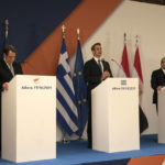 
              Greece's Prime Minister Kyriakos MItsotakis, center, Cyprus' President Nicos Anastasiades, left, and Egypt's President Abdel Fattah al-Sisi make statements following a meeting in Athens, Greece, Tuesday, Oct. 19, 2021. Athens hosts the 9th trilateral meeting between the three countries. (AP Photo/Yorgos Karahalis)
            
