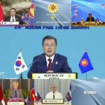 
              In this image released by Brunei ASEAN Summit, South Korean President Moon Jae-in speaks in a virtual meeting of ASEAN-Plus Three Summit on the sidelines of the Association of Southeast Asian Nations (ASEAN) summit with the leaders, Wednesday, Oct. 27, 2021. Southeast Asian leaders began their annual summit without Myanmar on Tuesday amid a diplomatic standoff over the exclusion of the leader of the military-ruled nation from the group's meetings. An empty box of Myanmar is seen at bottom second from right. (Brunei ASEAN Summit via AP)
            