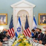 
              Secretary of State Antony Blinken, left, accompanied by Israeli Foreign Minister Yair Lapid, right, speaks at bilateral meeting at the State Department in Washington, Wednesday, Oct. 13, 2021. (AP Photo/Andrew Harnik, Pool)
            