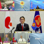 
              In this image released by Brunei ASEAN Summit, Japan's Prime Minister Fumio Kishida speaks in a virtual meeting of the ASEAN-Plus Three Summit on the sidelines of the Association of Southeast Asian Nations (ASEAN) summit, Wednesday, Oct. 27, 2021. Southeast Asian leaders began their annual summit without Myanmar on Tuesday amid a diplomatic standoff over the exclusion of the leader of the military-ruled nation from the group's meetings. An empty box of Myanmar is seen at bottom second from right. (Brunei ASEAN Summit via AP)
            
