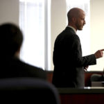 
              Prosecutor Ammon Barker gives closing arguments to the jury during Mark Gooch's trial in Coconino County Superior Court in Flagstaff, Ariz., on Friday, Oct. 8, 2021. Gooch, a U.S. Air Force airman, is accused of kidnapping and killing Sasha Krause, a Mennonite woman who lived in northwestern New Mexico and whose body was found on the outskirts of Flagstaff.(Jake Bacon/Arizona Daily Sun via AP)
            