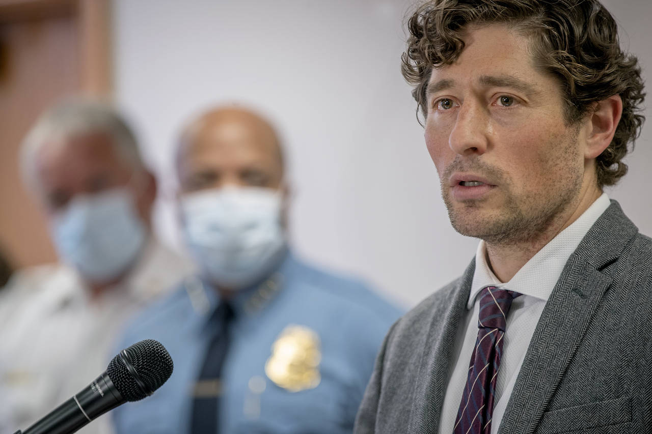 FILE - In this May 28, 2020 file photo, Minneapolis Mayor Jacob Frey speaks during a news conferenc...