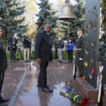 
              Ukrainian Defense Minister Andriy Taran, left, and U.S. Defense Secretary Lloyd Austin lay flowers on a monument commemorating fallen defenders in Kyiv, Ukraine, Tuesday, Oct. 19, 2021. (Gleb Garanich/Pool Photo via AP)
            