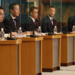 
              Prime Minister and governing Liberal Democratic Party President Fumio Kishida, left, speaks during a debate session with other leaders of Japan's main political parties ahead of the Oct. 31, 2021 lower house election at the Japan National Press Club in Tokyo Monday, Oct. 18 , 2021. (Issei Kato/Pool Photo via AP)
            