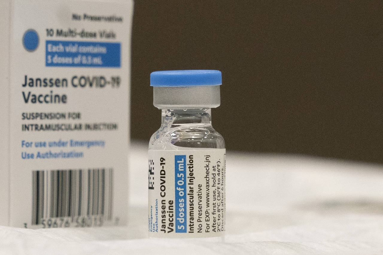 FILE - In this March 3, 2021 file photo, a vial of the Johnson & Johnson COVID-19 vaccine is displa...