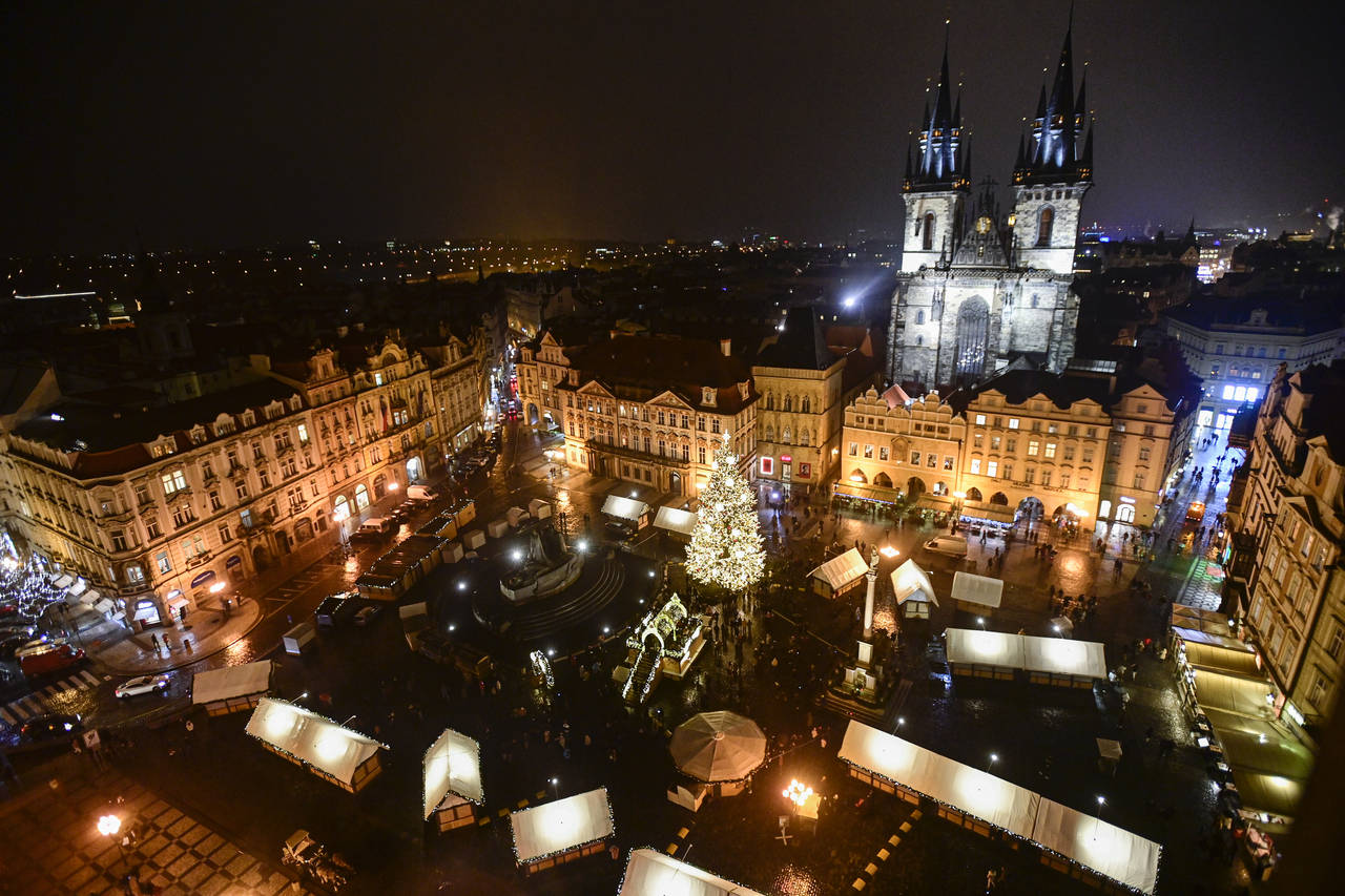 A general view of a Christmas market in Old Town Square in Prague, Czech Republic, Friday, Nov. 2...