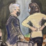 
              In this courtroom sketch, defense attorney Jeffrey Pagliuca, left, confers with Ghislaine Maxwell after making an argument to Judge Nathan regarding the removal of a juror due to holiday travel plans that would disrupt the trial schedule during Maxwell's sex trafficking trial, Tuesday, Nov. 30, 2021, in New York. A longtime pilot for the late financier Jeffrey Epstein resumed his testimony at Ghislaine Maxwell's sex trafficking trial Tuesday, saying that the British socialite charged with helping the financier find teenage girls to sexually abuse was "Number 2" in the hierarchy of Epstein's operations. (AP Photo/Elizabeth Williams)
            