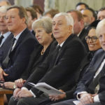 
              From left, former British Prime Ministers Sir John Major, David Cameron and Theresa May, Speaker of the House of Commons Sir Lindsay Hoyle, Home Secretary Priti Patel and Prime Minister Boris Johnson attend a Requiem Mass for slain member of parliament David Amess, inside Westminster Cathedral, central London, Tuesday, Nov. 23, 2021. Amess was killed during a constituency surgery in Leigh-on-Sea in Essex on October 15. Ali Harbi Ali, 25, has been charged with his murder and also with preparing acts of terrorism between May 1, 2019 and September 28 this year. (Stefan Rousseau/Pool Photo via AP)
            