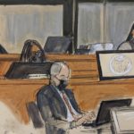 
              In this courtroom sketch, Judge Alison Nathan, far left, listens as a witness using the pseudonym "Jane"  testifies during Ghislaine Maxwell's trial, Tuesday Nov. 30, 2021, in New York. The woman testified that she had repeated sexual contact with disgraced financier Jeffrey Epstein when she 14 and that Maxwell was there when it happened.  (Elizabeth Williams via AP)
            