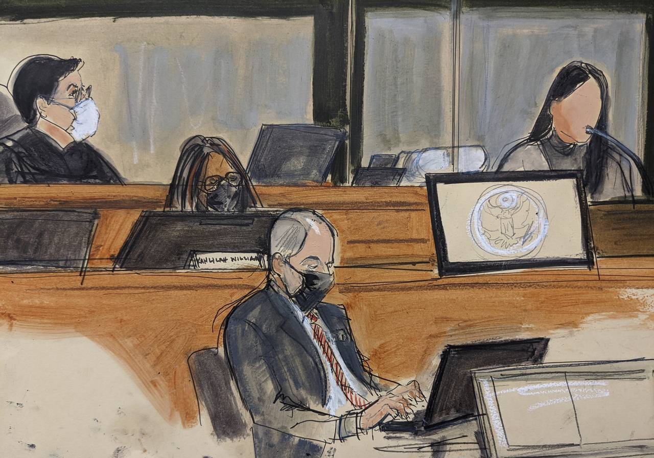 In this courtroom sketch, Judge Alison Nathan, far left, listens as a witness using the pseudonym "...