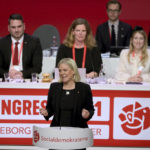 
              Sweden's Minister of Finance Magdalena Andersson delivers a speach after being elected to party chairman of the Social Democratic Party at the Social Dedmocratic Party congress in Gothenburg, Sweden, Thursday, Nov. 4, 2021. Andersson has been elected new chairman of the ruling Social Democratic Party and replaced Stefan Lofven who is also stepping down as the country’s prime minister. Thursday's appointment of the 54-year-old came ahead of next year’s general election. (Adam Ihse/TT News Agency via AP)
            