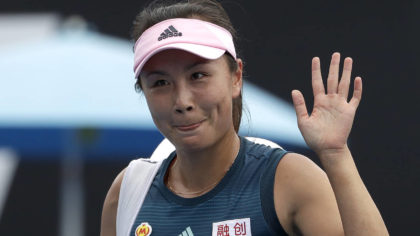 FILE - China's Peng Shuai waves after losing to Canada Eugenie Bouchard in their first round match ...
