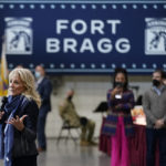 
              First lady Jill Biden speaks during a visit to Fort Bragg to mark the upcoming Thanksgiving holiday, Monday, Nov. 22, 2021, in Fort Bragg, N.C. (AP Photo/Evan Vucci)
            