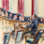 
              This artist sketch depicts Paul Clement standing while speaking to the Supreme Court, Wednesday, Nov. 3, 2021, in Washington. Seated right of Clement is Barbara Underwood, Solicitor General New York and Brian Fletcher, Principal Deputy Solicitor General, Department of Justice Washington.   Justices seated from left are Associate Justice Brett Kavanaugh, Associate Justice Elena Kagan, Associate Justice Samuel Alito, Associate Justice Clarence Thomas, Chief Justice John Roberts, Associate Justice Stephen Breyer, Associate Justice Sonia Sotomayor, and Associate Justice Amy Coney Barrett. Associated Justice Neil Gorsuch was not present in the room and attended via video conference.  (Dana Verkouteren via AP)
            