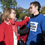 
              Former congresswoman and gun violence survivor Gabby Giffords D-Ariz. speaks with Parkland survivor and activist David Hogg during a rally outside of the U.S. Supreme Court in Washington, Wednesday, Nov. 3, 2021. The Supreme Court is set to hear arguments in a gun rights case that centers on New York's restrictive gun permit law and whether limits the state has placed on carrying a gun in public violate the Second Amendment. (AP Photo/Jose Luis Magana)
            