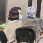 
              In this courtroom sketch, Ghislaine Maxwell, left, confers with lead defense attorney Bobbi Sternheim before Judge Alison Nathan takes the bench during Maxwell's sex trafficking trial, Tuesday, Nov. 30, 2021, in New York. A longtime pilot for the late financier Jeffrey Epstein resumed his testimony at Ghislaine Maxwell's sex trafficking trial Tuesday, saying that the British socialite charged with helping the financier find teenage girls to sexually abuse was "Number 2" in the hierarchy of Epstein's operations. (AP Photo/Elizabeth Williams)
            