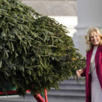 
              First lady Jill Biden waves to people watching as she looks over the official White House Christmas Tree, grown in North Carolina, as it arrives at the White House in Washington, Monday, Nov. 22, 2021. (AP Photo/Susan Walsh)
            