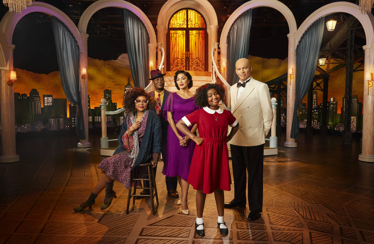 This image released by NBC shows the cast of "Annie Live!," from left, Taraji P. Henson as Miss Han...