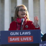 
              Former congresswoman and gun violence survivor Gabby Giffords D-Ariz. speaks during a rally outside of the U.S. Supreme Court in Washington, Wednesday, Nov. 3, 2021. The Supreme Court is set to hear arguments in a gun rights case that centers on New York's restrictive gun permit law and whether limits the state has placed on carrying a gun in public violate the Second Amendment. (AP Photo/Jose Luis Magana)
            