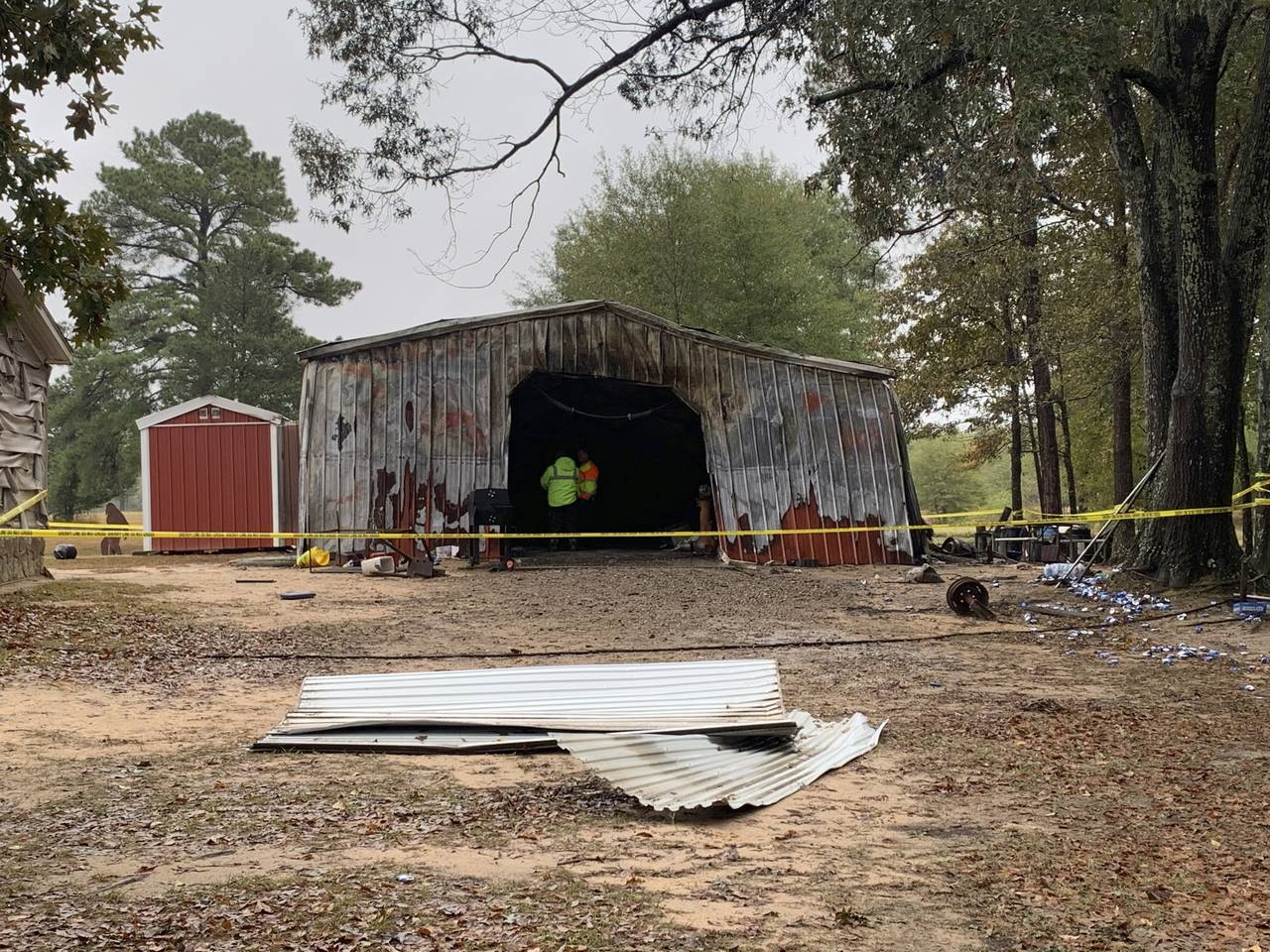 Bowie County officials investigate a barn/shop explosion in Wednesday, Nov. 3, 2021 in Simms, Texas...
