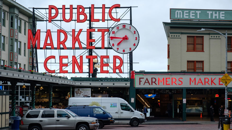 Cars at Pike Place Market downtown Seattle foot traffic...