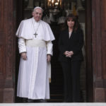 
              Pope Francis is greeted by Greek President Katerina Sakellaropoulou as he arrives at the Presidential Palace, in Athens, Saturday, Dec. 4, 2021. Pope Francis arrived to Greece Saturday for the second leg of his trip to the region with meetings in Athens aimed at bolstering recently-mended ties between the Vatican and Orthodox churches. (George Vitsaras/Pool Photo via AP)
            