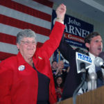 
              FILE - Delaware Gov. Ruth Ann Minner, left, and Lt. Gov. John Carney raise their arms in victory as they celebrate winning their respective races Tuesday, Nov. 2, 2004, in Wilmington, Del. Ann Minner, a sharecropper's daughter who became the only woman to serve as Delaware's governor, died on Nov. 4, 2021. (AP Photo/Pat Crowe II, File)
            