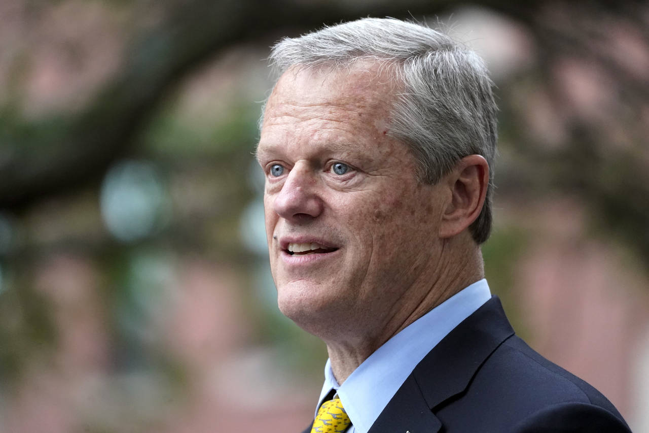 FILE - Massachusetts Gov. Charlie Baker speaks during a Juneteenth commemoration in Boston's Nubian...