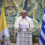 
              Pope Francis delivers his speech during a meeting with authorities, at the Presidential Palace, in Athens, Saturday, Dec. 4, 2021. Pope Francis arrived to Greece Saturday for the second leg of his trip to the region with meetings in Athens aimed at bolstering recently-mended ties between the Vatican and Orthodox churches. (AP Photo/Yorgos Karahalis, Pool)
            
