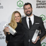 
              Monica Hellström, left, and Jonas Poher Rasmussen pose with the best documentary feature award for "Flee" at the Gotham Awards at Cipriani Wall Street on Monday, Nov. 29, 2021, in New York. (Photo by Evan Agostini/Invision/AP)
            