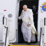 
              Pope Francis arrives at the Eleftherios Venizelos International Airport in Athens, Greece, Saturday, Dec. 4, 2021. Pope Francis arrived to Greece Saturday for the second leg of his trip to the region with meetings in Athens aimed at bolstering recently-mended ties between the Vatican and Orthodox churches. (AP Photo/Thanassis Stavrakis)
            