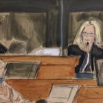
              In this courtroom sketch Eva Andersson Dubin, right, testifies as Judge Alison Nathan, left, listens on the bench during the Ghislaine Maxwell's sex trafficking trial, Friday, Dec. 17, 2021, in New York. (Elizabeth Williams via AP)
            