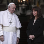 
              Pope Francis is greeted by Greek President Katerina Sakellaropoulou as he arrives at the Presidential Palace, in Athens, Saturday, Dec. 4, 2021. Pope Francis arrived to Greece Saturday for the second leg of his trip to the region with meetings in Athens aimed at bolstering recently-mended ties between the Vatican and Orthodox churches. (George Vitsaras/Pool Photo via AP)
            