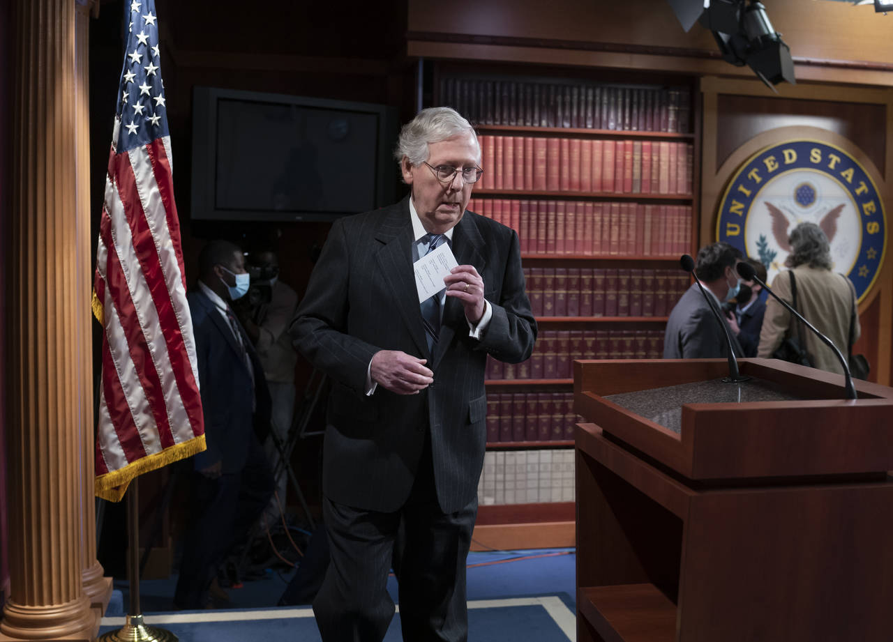 Senate Minority Leader Mitch McConnell, R-Ky., arrives for an end-of-the-year news conference, at t...