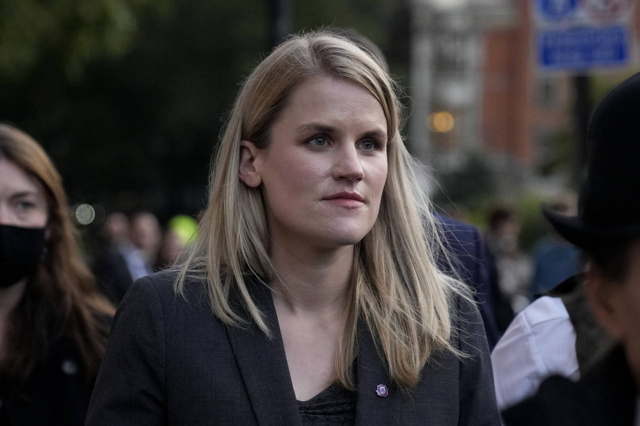 FILE - Facebook whistleblower Frances Haugen leaves after giving evidence to the joint committee fo...