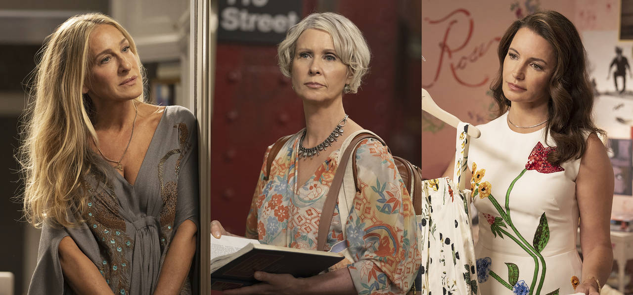 This combination of photos released by HBO Max shows, from left, Sarah Jessica Parker, Cynthia Nixo...