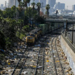
              A train passes by as shredded boxes and packages at a section of the Union Pacific train tracks in downtown Los Angeles Friday, Jan. 14, 2022. Thieves have been raiding cargo containers aboard trains nearing downtown Los Angeles for months, leaving the tracks blanketed with discarded packages. The sea of debris left behind included items that the thieves apparently didn't think were valuable enough to take, CBSLA reported Thursday. (AP Photo/Ringo H.W. Chiu)
            