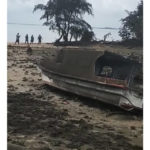 
              This image made from video provided by Broadcom Broadcasting shows a damaged boat on the Tongan island of Atata, Sunday, Jan. 16, 2022, the day after tsunami caused by a volcanic eruption near Tonga. (Kilo Folau/Broadcom Broadcasting via AP)
            