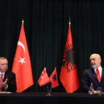 
              Turkish President Recep Tayyip Erdogan, left, and Albanian Prime Minister Edi Rama, take part in a join news conference after their meeting in Tirana, Albania, Monday, Jan. 17, 2022. Erdogan on Monday visited Albania to talk with Prime Minister Edi Rama on strengthening bilateral ties and also inaugurate new apartments funded by Turkey for Albanians left homeless by the 2019 earthquake. (AP Photo/Franc Zhurda)
            