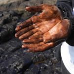 
              A cyclist shows his oil-covered hands after stopping to put them into the polluted water on Cavero beach in Ventanilla, Callao, Peru, Tuesday, Jan. 18, 2022, after high waves attributed to the eruption of an undersea volcano in Tonga caused an oil spill. The Peruvian Civil Defense Institute said in a press release that a ship was loading oil into La Pampilla refinery on the Pacific coast on Sunday when strong waves moved the boat and caused the spill. (AP Photo/Martin Mejia)
            