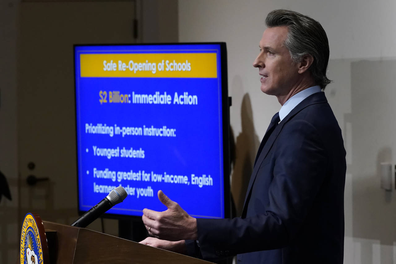 FILE - California Gov. Gavin Newsom speaks about his 2021-2022 state budget proposal during a news ...