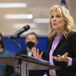 
              First lady Jill Biden delivers remarks at the FEMA State Disaster Recovery Center in Bowling Green, Ky., Friday, Jan. 14, 2022. Jill Biden visited a tornado ravaged neighborhood in Kentucky on Friday to meet with residents and local leaders. (AP Photo/Michael Clubb)
            