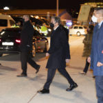
              Secretary of State Antony Blinken, center, arrives at Geneva Airport, Thursday, Jan. 20, 2022, in Geneva, Switzerland. (AP Photo/Alex Brandon, Pool)
            