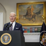 
              President Joe Biden speaks about a counterterrorism raid carried out by U.S. special forces that killed top Islamic State leader Abu Ibrahim al-Hashimi al-Qurayshi in northwestern Syria, Thursday, Feb. 3, 2022, in the Roosevelt Room of the White House in Washington. (AP Photo/Patrick Semansky)
            