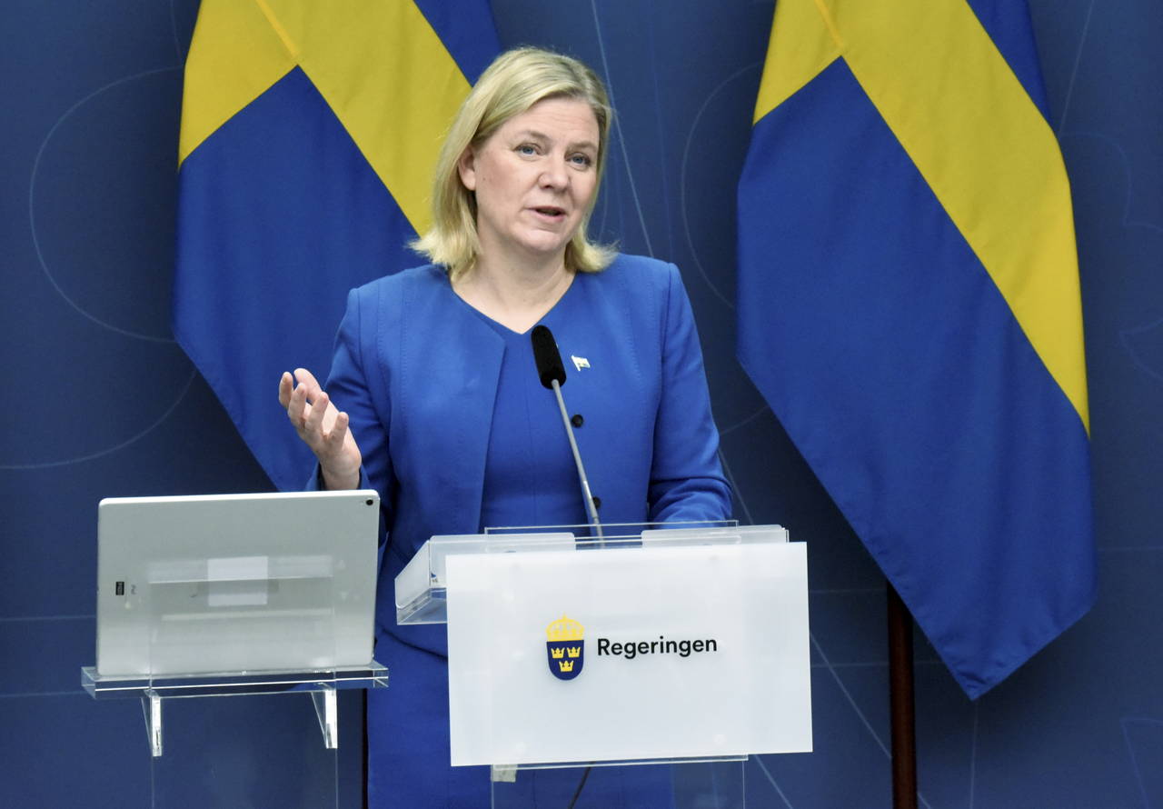 Sweden's Priime Minister Magdalena Andersson announces during a digital press conference that Swede...