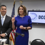 
              FILE - Democratic Congressional Campaign Committee Chairman Rep. Ben Ray Lujan, D-N.M., left, and House Democratic Leader Nancy Pelosi of California, center, meet with reporters on Election Day at the Democratic National Committee headquarters in Washington, in Washington, Thursday, Nov. 15, 2018. Lujan, now a senator, is recovering at an Albuquerque hospital after suffering a stroke last week, his office said in a statement issued Tuesday, Feb. 1, 2022. Until he recovers, Democrats would have just 49 votes compared to Republicans' 50, assuming all other senators are healthy. (AP Photo/J. Scott Applewhite, File)
            