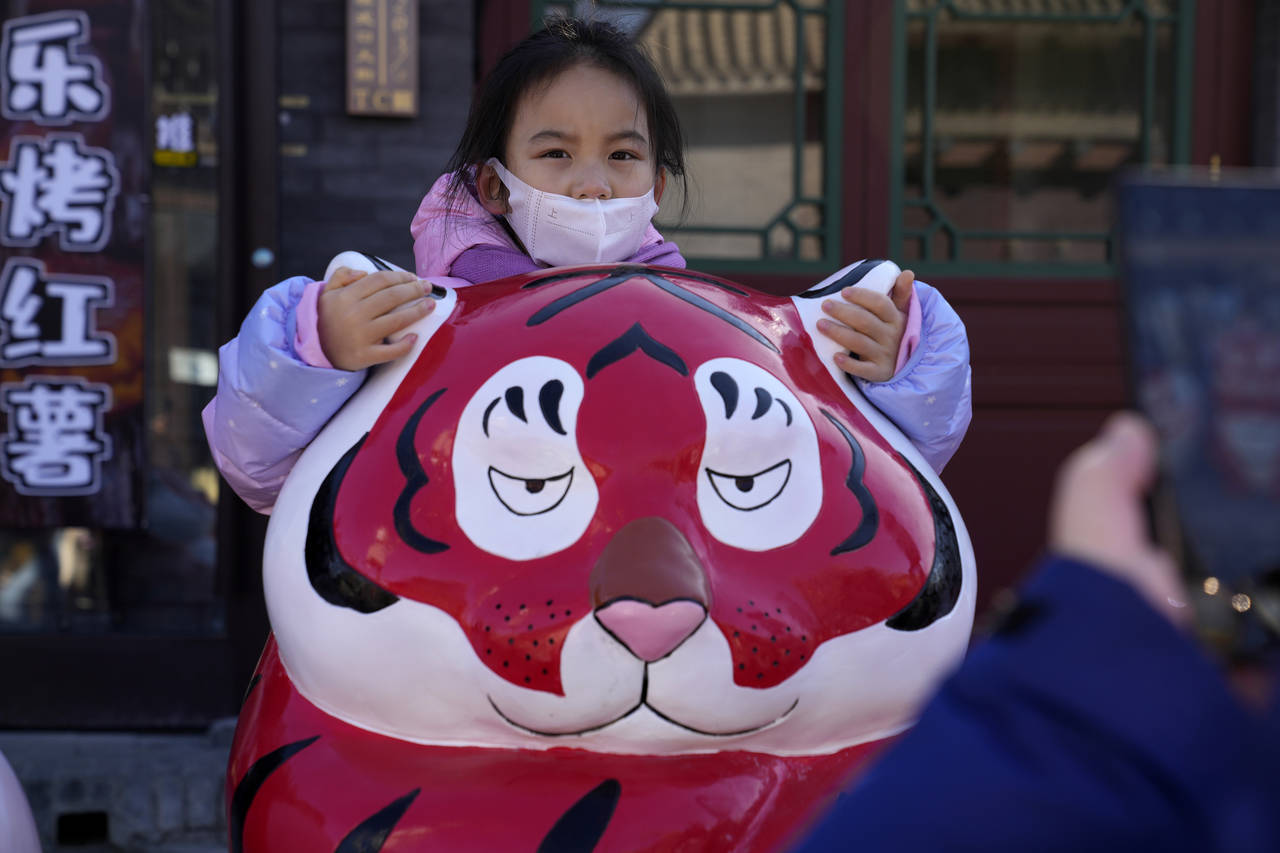 A child wearing a mask holds on to the ears of a Tiger sculpture on the first day of the Lunar Year...