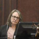 
              Forensic psychology expert Mary Elizabeth Wood reviews the YouTube video of Travis Reinking describing the day he was having, believing someone broke into his home, lifted the toilet seat up and touched his laptop, in court on day four of the mass murder trial at Justice A.A. Birch Building in Nashville, Tenn., Thursday, Feb. 3, 2022. (Stephanie Amador/The Tennessean via AP, Pool)
            